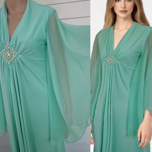 70s Maxi Dress Seafoam Sheer Sleeves S - Picture 5 of 7
